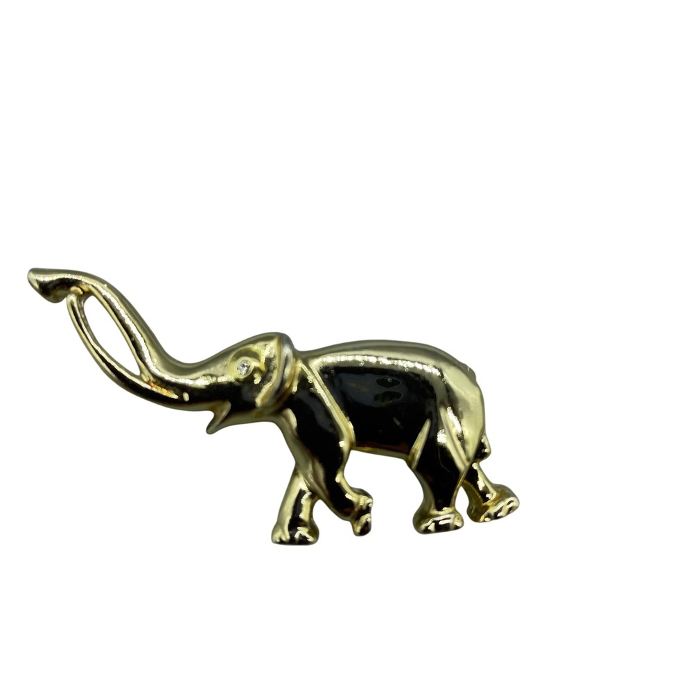 Vintage Gold Tone Elephant Brooch Rhinestone Eye Pin